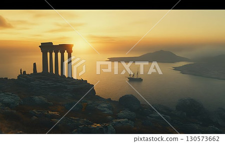 Ancient Greek Temple Silhouette at Sunset with Sailing Ship and 130573662