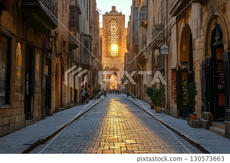 Golden Hour Sunlight Illuminates Historic Street with Stone Buil 130573663