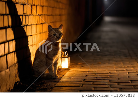 A cat rests beside a lantern on a cobblestone path at night in a quiet alley A cat rests beside a lantern on a cobblestone path at night in a quiet alley 130573838