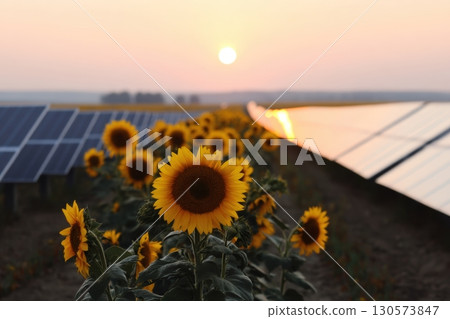 Sunflowers bloom beside solar panels during sunset in a peaceful agricultural landscape 130573847