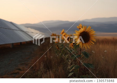 Sunflowers bloom beside solar panels at sunset in a rural landscape 130573848