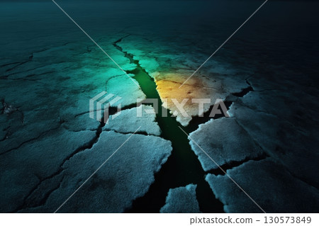 Frozen surface with colorful light reflections in winter landscape at night 130573849