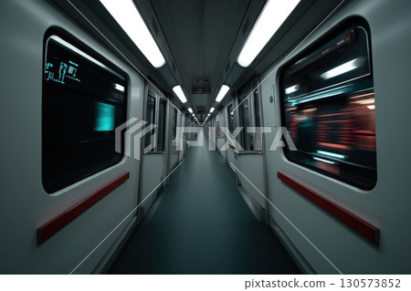 Perspective view of a subway train corridor during late-night travels in an urban setting 130573852