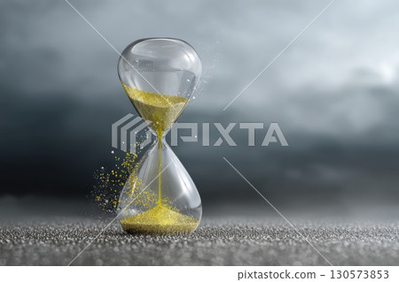 Time flows through an hourglass against a dramatic cloudy backdrop in a captivating display 130573853