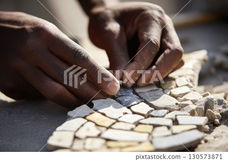 Crafting intricate mosaics with colorful tiles at a local artisan workshop in the afternoon sun 130573871