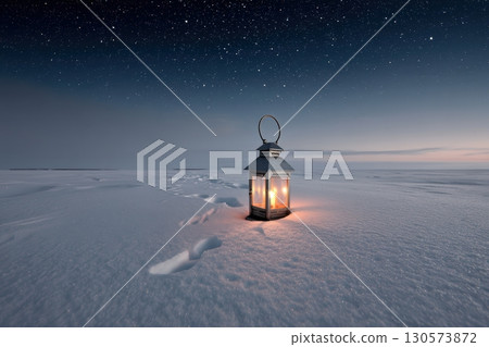 Lantern illuminates snowy landscape under starry sky during twilight hours Lantern illuminates snowy landscape under starry sky during twilight hours 130573872