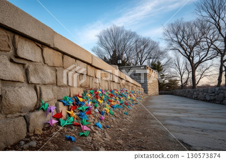 Colorful origami cranes adorn a stone pathway at sunset in a public park 130573874