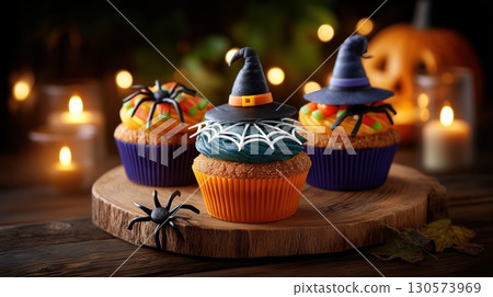 Festive Halloween Cupcakes on a Rustic Wooden Board with Candlelight Festive Halloween Cupcakes on a Rustic Wooden Board with Candlelight 130573969