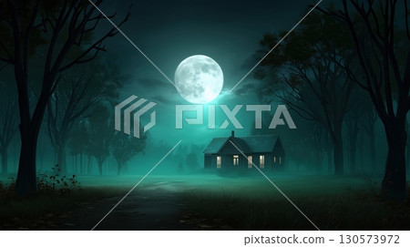 Full Moon Over Secluded Forest House at Night 130573972