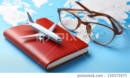 Global Travel Planning, Passport, Model Airplane, and Eyeglasses on World Map 130573973