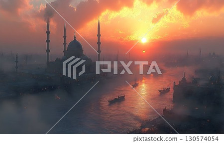 Golden Hour Over Istanbul: Mosque Silhouettes and River Reflecti 130574054