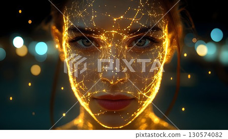 Glowing Golden Network Overlaying a Woman's Face with Bokeh Back 130574082