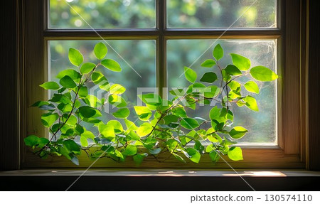 Sunlit Leaves Climbing a Wooden Window Frame with Blurred Green 130574110