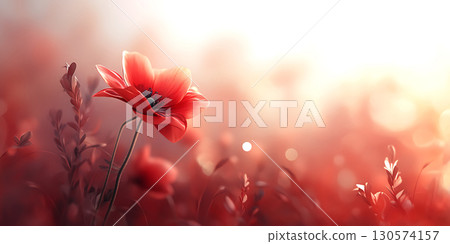 Red Poppy Bloom Sunrise in a Field of Flowers 130574157