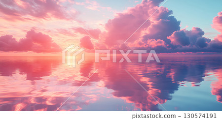 Pink Sunset Sky Serene Cloud Reflections on Calm Water 130574191