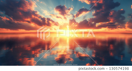 Vibrant Sunset Captivating Sky and Water Reflection Vibrant Sunset Captivating Sky and Water Reflection 130574198
