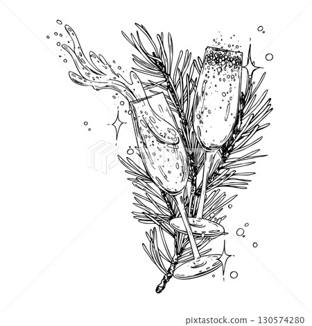 Monochrome line art illustration hand drawn with ink depicting Christmas composition with fir branches and champagne glasses. Elegant festive design for winter holiday decoration, cards, invitations. Monochrome line art illustration hand drawn with ink depicting Christmas composition with fir branches and champagne glasses. Elegant festive design for winter holiday decoration, cards, invitations. 130574280