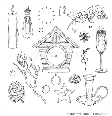 Hand drawn monochrome line art ink illustration of festive Christmas set with clock, branches, baubles, candle and chocolate candies, decorative holiday clip art for seasonal design projects. Hand drawn monochrome line art ink illustration of festive Christmas set with clock, branches, baubles, candle and chocolate candies, decorative holiday clip art for seasonal design projects. 130574288