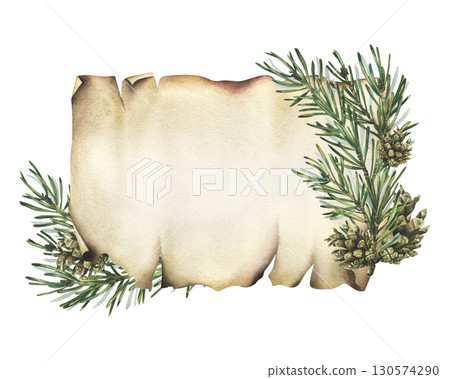 Vintage Christmas template with spruce branches and pinecones on aged scroll paper, rustic holiday design, hand-painted watercolor illustration, frame for festive greeting cards and invitations. 130574290