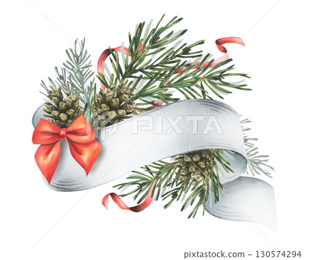 Elegant template with spruce branches and pinecones wrapped in white ribbon and bow, festive winter design, hand-painted watercolor illustration, decorative frame for greeting cards and text. Elegant template with spruce branches and pinecones wrapped in white ribbon and bow, festive winter design, hand-painted watercolor illustration, decorative frame for greeting cards and text. 130574294
