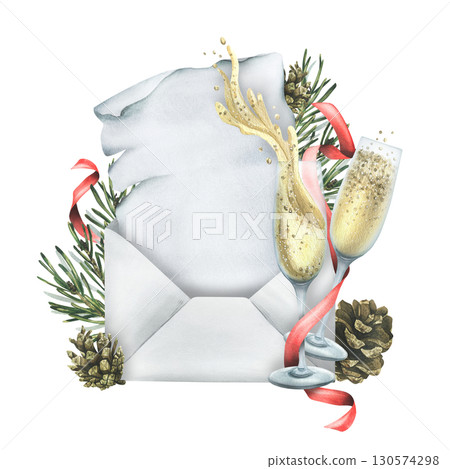 Festive template with envelope, spruce branches, champagne glasses and red ribbons, holiday scroll design, hand-painted watercolor illustration, frame for Christmas or New Year celebration. Festive template with envelope, spruce branches, champagne glasses and red ribbons, holiday scroll design, hand-painted watercolor illustration, frame for Christmas or New Year celebration. 130574298