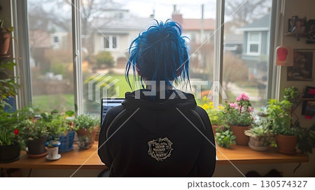 Blue-haired woman looks out window at suburban homes, surrounded 130574327