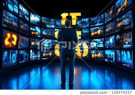 Man in suit faces a wall of glowing screens displaying abstract Man in suit faces a wall of glowing screens displaying abstract 130574337