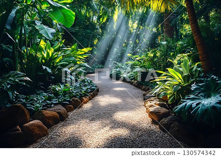 Sunlit Path Through Lush Tropical Garden with Dramatic Light Bea Sunlit Path Through Lush Tropical Garden with Dramatic Light Bea 130574342