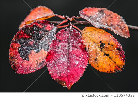 Autumnal Leaves Adorned with Sparkling Water Droplets Against a 130574352