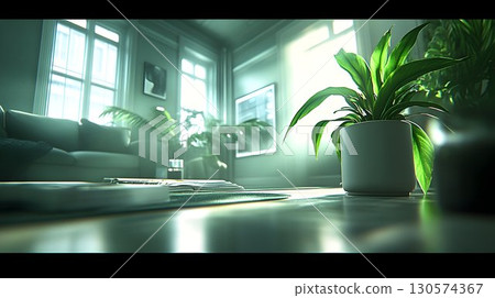 Bright Living Room with Potted Plants and Sunlight Streaming Thr Bright Living Room with Potted Plants and Sunlight Streaming Thr 130574367