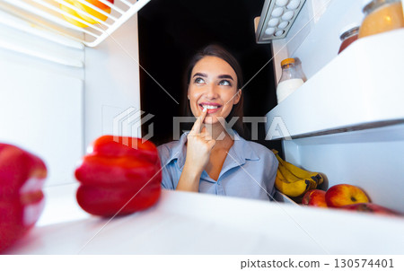 What to cook. Pensive girl looking into refrigerator, thinking about lunch recipe, view from inside What to cook. Pensive girl looking into refrigerator, thinking about lunch recipe, view from inside 130574401