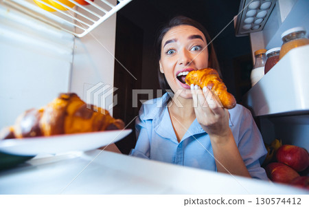 Cheat meal. Young girl biting croissants from fridge, view from inside 130574412