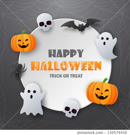Happy Halloween banner design with pumpkins, ghosts and bats 130574430