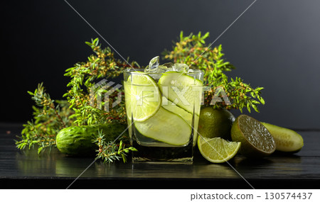 Cocktail Gin-tonic with ice, lime, cucumber, and juniper branches. Cocktail Gin-tonic with ice, lime, cucumber, and juniper branches. 130574437
