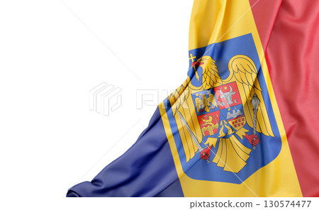 Flag of Romania with Coat of arms with empty space on the left. Isolated. 3D Rendering 130574477