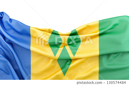 Flag of Saint Vincent and the Grenadines isolated on white background with copy space above. 3D rendering 130574484