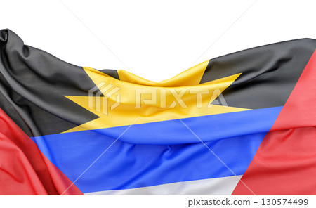 Flag of Antigua and Barbuda isolated on white background with copy space above. 3D rendering 130574499