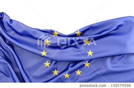 Flag of European Union isolated on white background with copy space above. 3D rendering 130574508