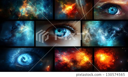 Cosmic Eyes: A Surreal Collage of Eyes Merged with Nebulous Gala 130574565
