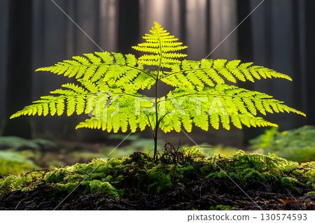 Backlit Fern Frond on Mossy Mound in Dark Forest, Illuminated by 130574593