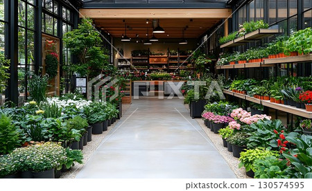 Lush greenhouse interior with potted plants, wooden shelves, and 130574595