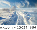 Snowy path through deep snowdrifts in soft daylight, ideal for New Year, winter, or seasonal promotions. 130574666