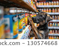 Puppy without home reaching for food on shelf, symbolizing the need to feed and adopt stray pets. 130574668