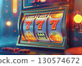 Slot machine close-up with colorful casino background for use in gambling promotion and event banners. 130574672