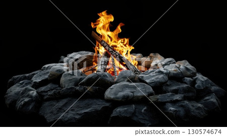 Close-up of a camp fire with vivid orange flames against a black background, ideal for fire and adventure visuals. 130574674