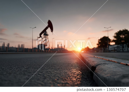 Oil pump jack at sunset along a quiet industrial road Oil pump jack at sunset along a quiet industrial road 130574707