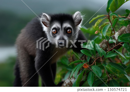 Lemur perched on a tree branch in a lush forest during daylight exploring its surroundings 130574721