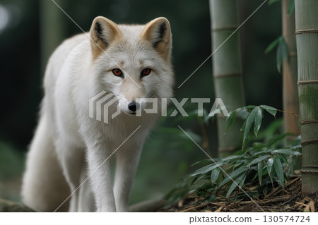 White fox walks gracefully among bamboo in a serene forest setting during daylight 130574724