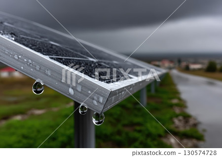 Raindrops glisten on solar panels as storm clouds gather in the distance 130574728