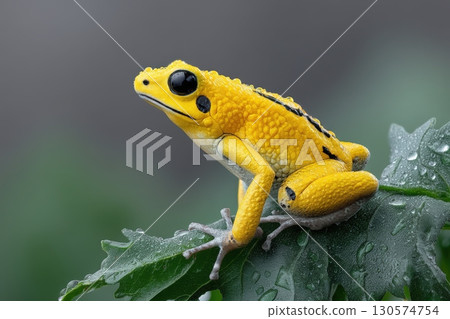 Bright yellow frog on a green leaf covered in droplets in a tropical setting 130574754